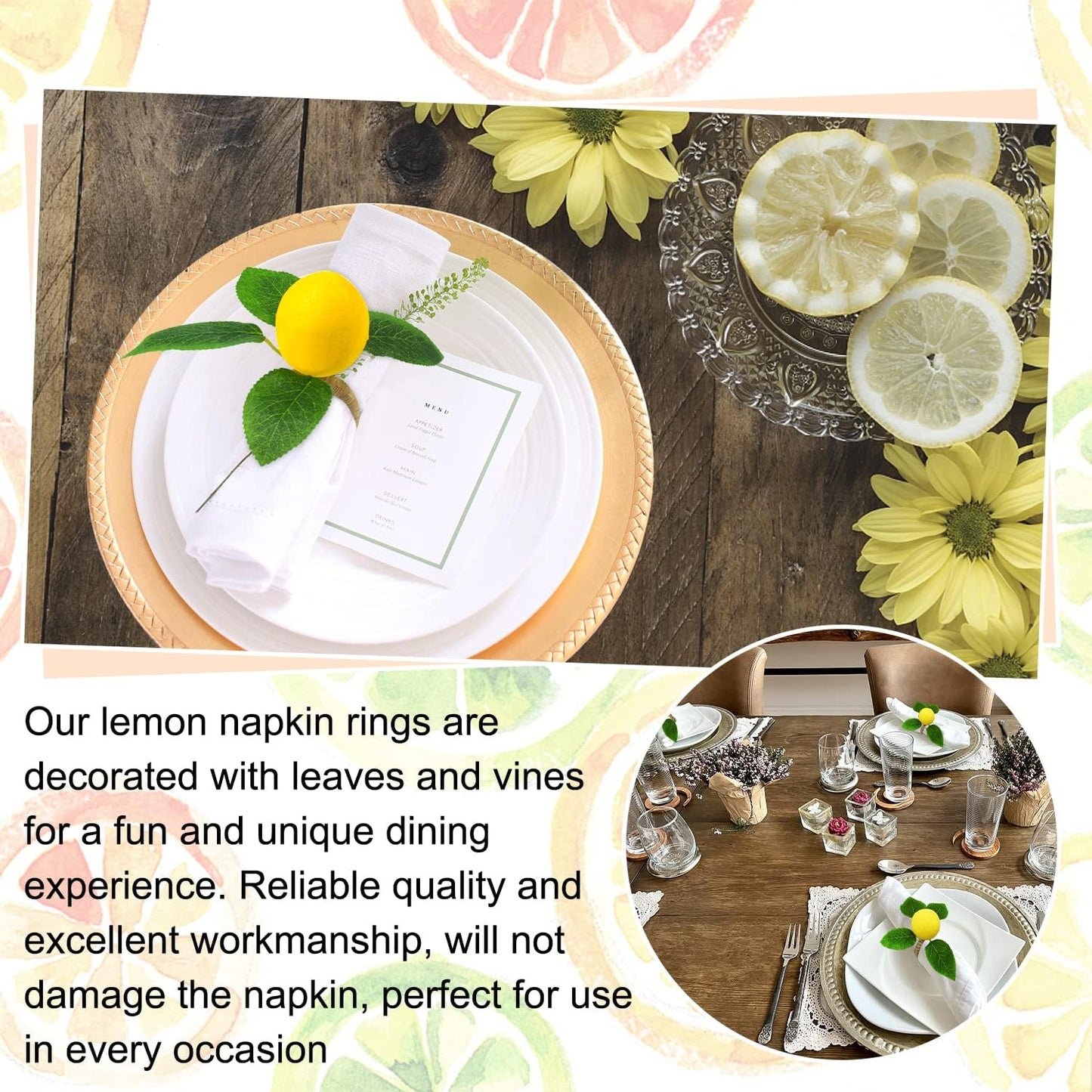 Lemon Napkin Rings Set of 6, Faux Lemon Summer Farmhouse Napkin Ring Holder for Dining Table Decor Banquet Wedding Birthday Thanksgiving Christmas Easter Holiday Table Decorations