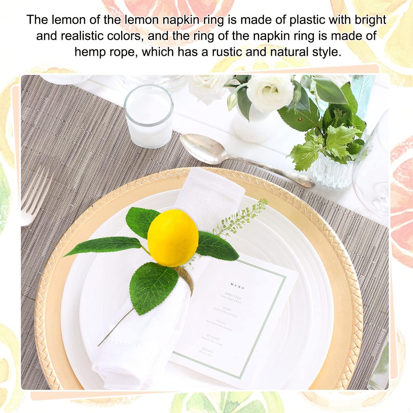 Lemon Napkin Rings Set of 6, Faux Lemon Summer Farmhouse Napkin Ring Holder for Dining Table Decor Banquet Wedding Birthday Thanksgiving Christmas Easter Holiday Table Decorations