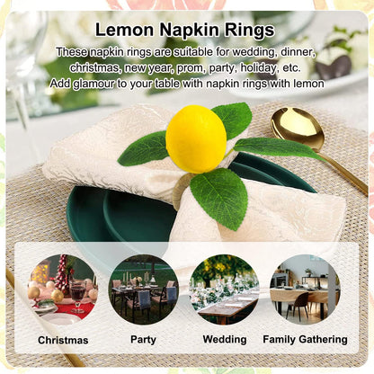 Lemon Napkin Rings Set of 6, Faux Lemon Summer Farmhouse Napkin Ring Holder for Dining Table Decor Banquet Wedding Birthday Thanksgiving Christmas Easter Holiday Table Decorations