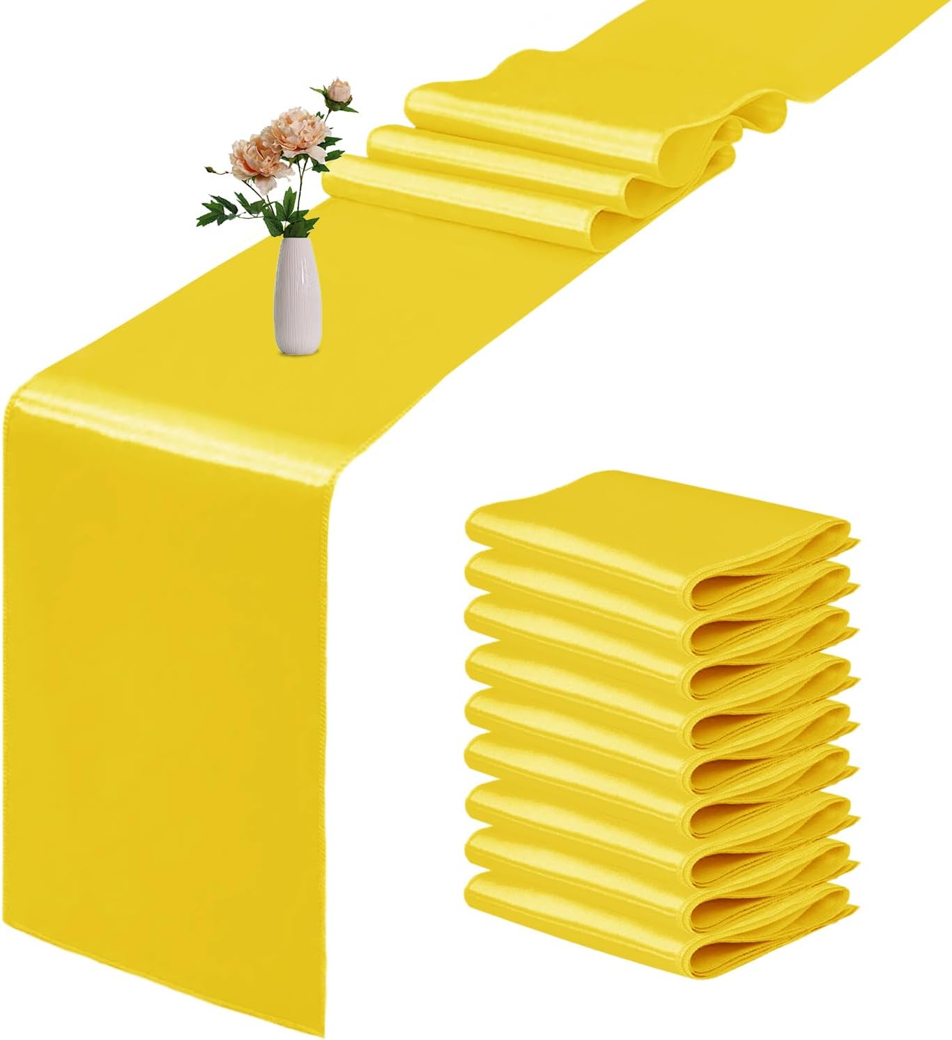 10 Pack Satin Table Runner 12 x 108 Inch Long Yellow Smooth Silk Fabric Table Runner for Birthday Parties Wedding Banquets Decorations.