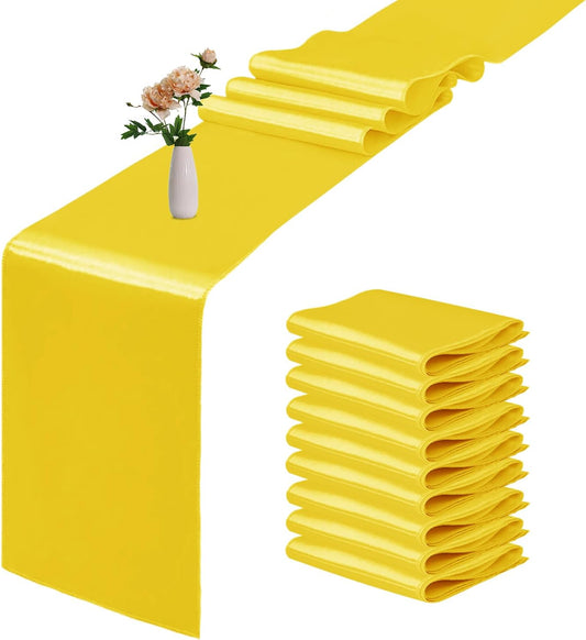 10 Pack Satin Table Runner 12 x 108 Inch Long Yellow Smooth Silk Fabric Table Runner for Birthday Parties Wedding Banquets Decorations.