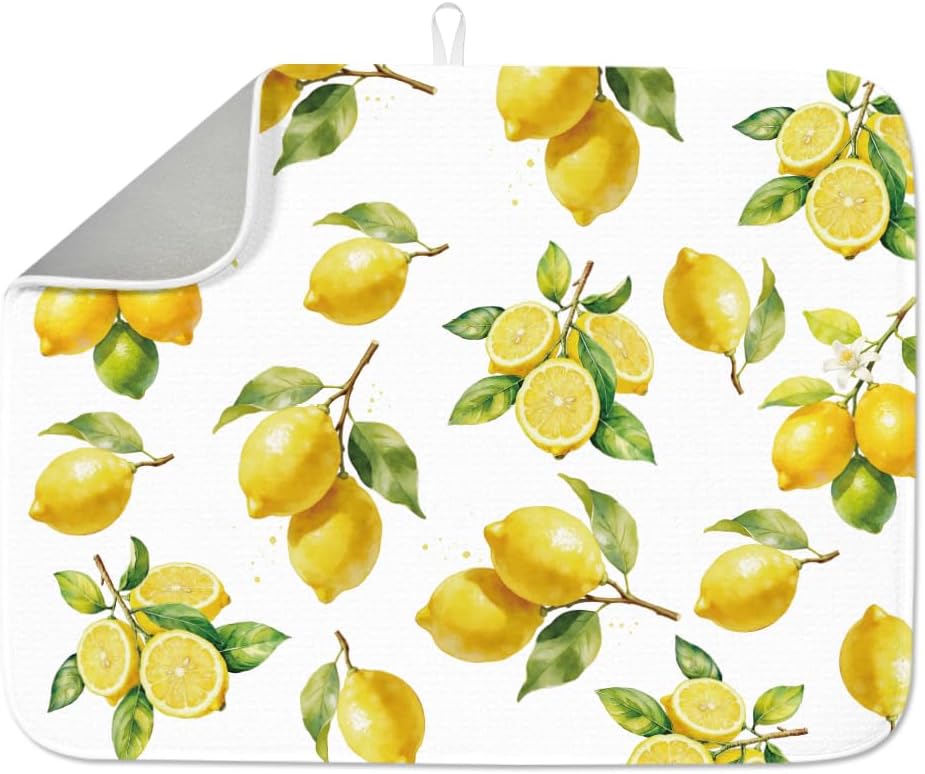 Lemon Dish Drying Mat for Kitchen Counter 17.7×23.6" Lemon Blossom Absorbent Dish Drainer Mat Microfiber Anti-Slip Quick Dry Heat Resistant Mat for Table Faucet Sink Coffee Bar Refrigerator