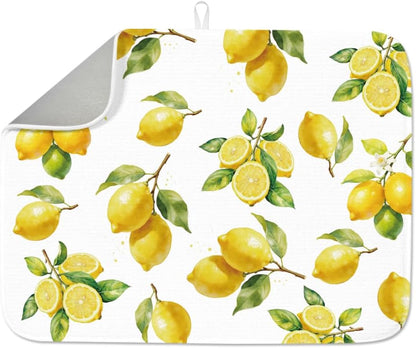 Lemon Dish Drying Mat for Kitchen Counter 17.7×23.6" Lemon Blossom Absorbent Dish Drainer Mat Microfiber Anti-Slip Quick Dry Heat Resistant Mat for Table Faucet Sink Coffee Bar Refrigerator