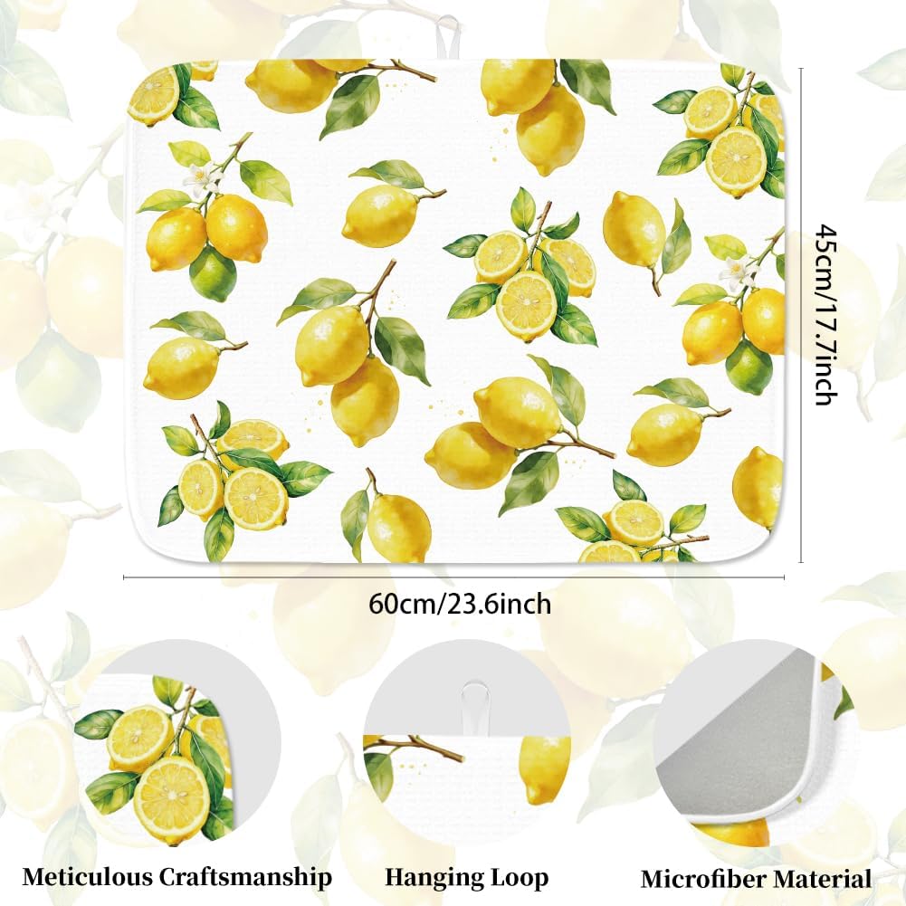 Lemon Dish Drying Mat for Kitchen Counter 17.7×23.6" Lemon Blossom Absorbent Dish Drainer Mat Microfiber Anti-Slip Quick Dry Heat Resistant Mat for Table Faucet Sink Coffee Bar Refrigerator