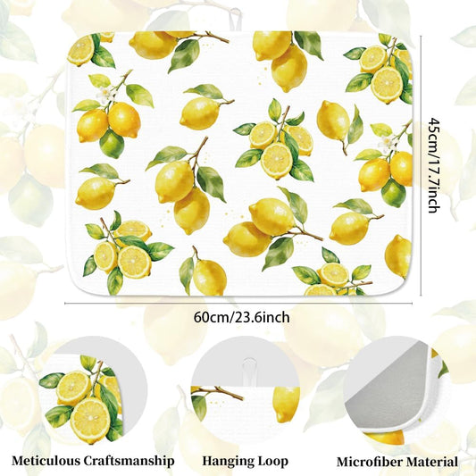 Lemon Dish Drying Mat for Kitchen Counter 17.7×23.6" Lemon Blossom Absorbent Dish Drainer Mat Microfiber Anti-Slip Quick Dry Heat Resistant Mat for Table Faucet Sink Coffee Bar Refrigerator