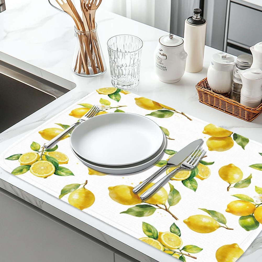 Lemon Dish Drying Mat for Kitchen Counter 17.7×23.6" Lemon Blossom Absorbent Dish Drainer Mat Microfiber Anti-Slip Quick Dry Heat Resistant Mat for Table Faucet Sink Coffee Bar Refrigerator