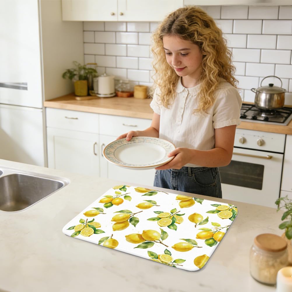 Lemon Dish Drying Mat for Kitchen Counter 17.7×23.6" Lemon Blossom Absorbent Dish Drainer Mat Microfiber Anti-Slip Quick Dry Heat Resistant Mat for Table Faucet Sink Coffee Bar Refrigerator