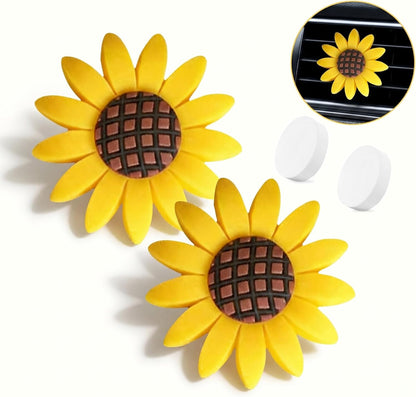 2 PCS Sunflower Car Air Vent Clips, 3D Vibrant Cute Flower Decorative Diffuser for Women & Girls, Alloy Anti-rust Outlet Ornament, Universal Interior Accessory for Most Cars (Yellow)