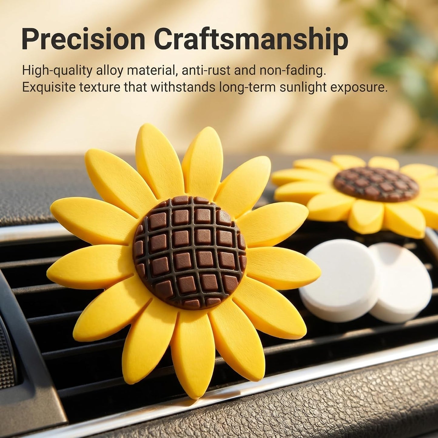 2 PCS Sunflower Car Air Vent Clips, 3D Vibrant Cute Flower Decorative Diffuser for Women & Girls, Alloy Anti-rust Outlet Ornament, Universal Interior Accessory for Most Cars (Yellow)