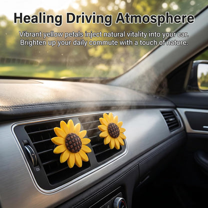 2 PCS Sunflower Car Air Vent Clips, 3D Vibrant Cute Flower Decorative Diffuser for Women & Girls, Alloy Anti-rust Outlet Ornament, Universal Interior Accessory for Most Cars (Yellow)