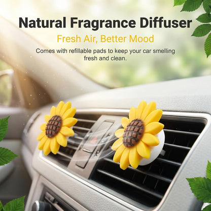 2 PCS Sunflower Car Air Vent Clips, 3D Vibrant Cute Flower Decorative Diffuser for Women & Girls, Alloy Anti-rust Outlet Ornament, Universal Interior Accessory for Most Cars (Yellow)