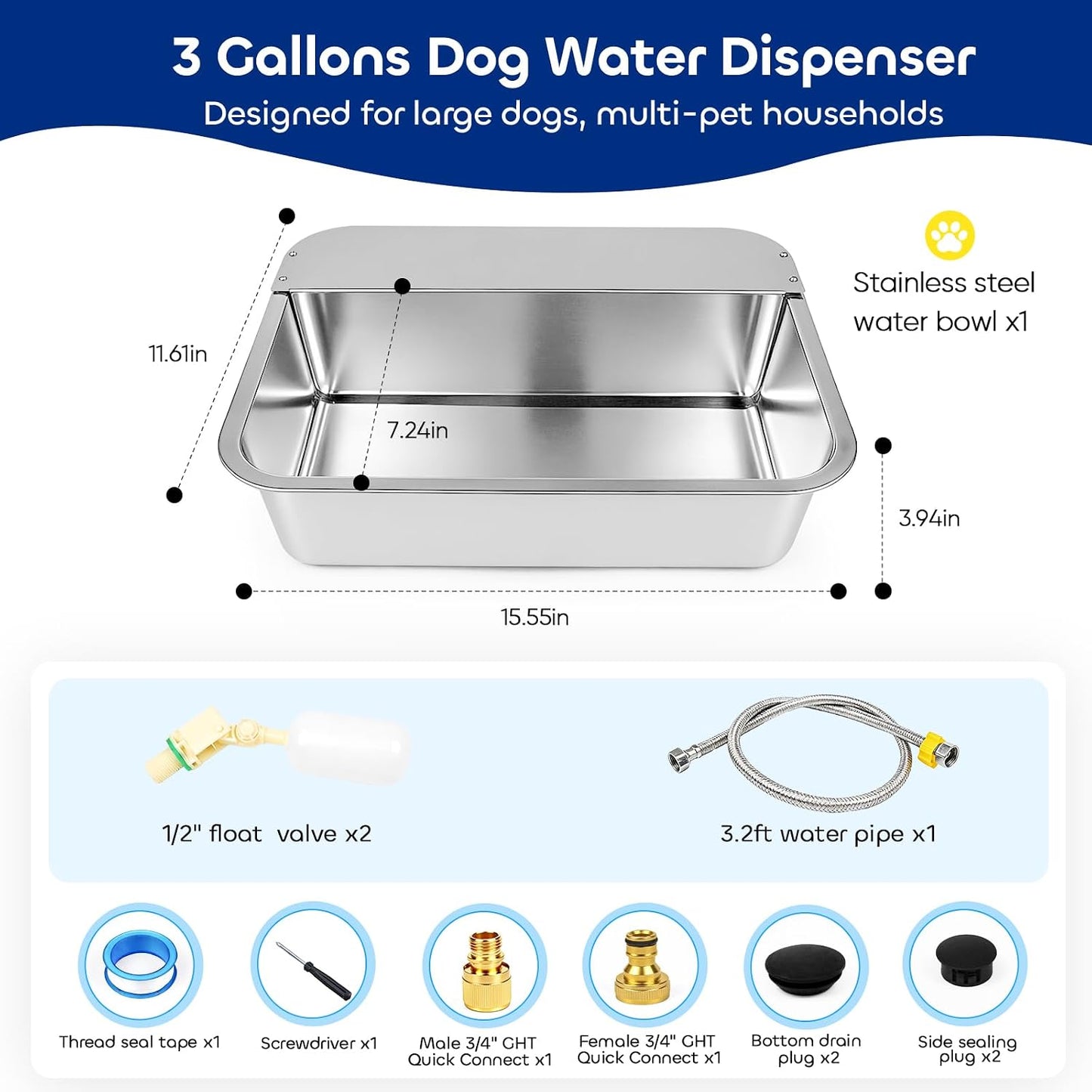 Automatic Dog Water Bowl Dispenser, 3 Gallon/11.6L Pet Water Dispenser for Cats and Large Dogs, 304 Stainless Steel Self Filling Auto Dog Water Feeder Outdoor Chicken Waterer for Livestock