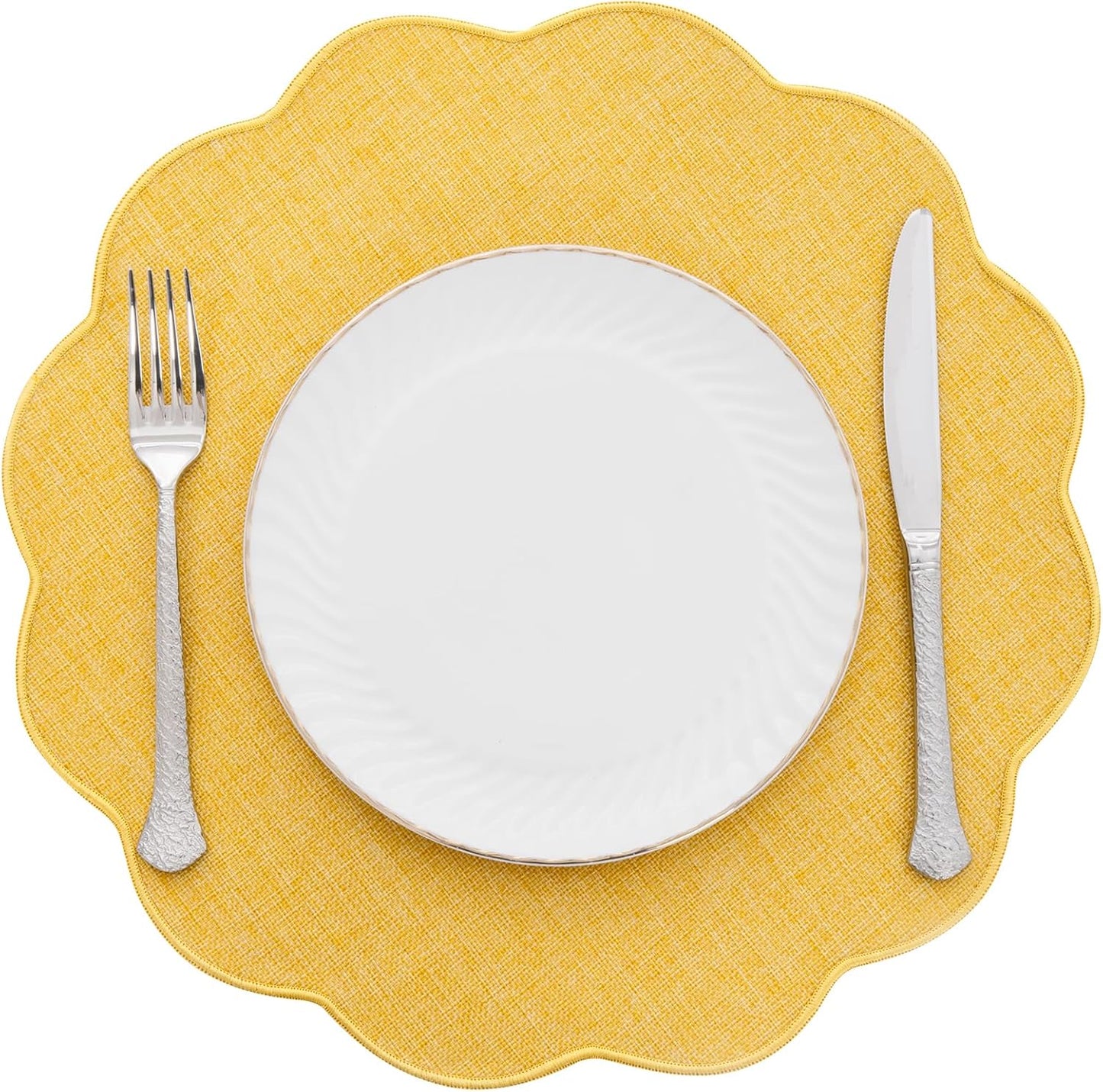 Scalloped Round Placemats Set of 6 Polyester Linen Blend 15 inch Washable Non Slip Place Mats Easy Clean Heat Resistant Table Mats for Kitchen Dining Table Decor, Yellow