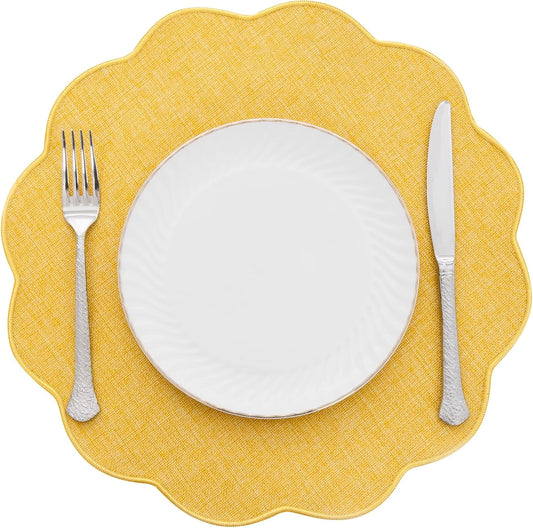 Scalloped Round Placemats Set of 6 Polyester Linen Blend 15 inch Washable Non Slip Place Mats Easy Clean Heat Resistant Table Mats for Kitchen Dining Table Decor, Yellow