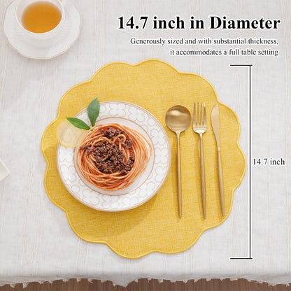 Scalloped Round Placemats Set of 6 Polyester Linen Blend 15 inch Washable Non Slip Place Mats Easy Clean Heat Resistant Table Mats for Kitchen Dining Table Decor, Yellow