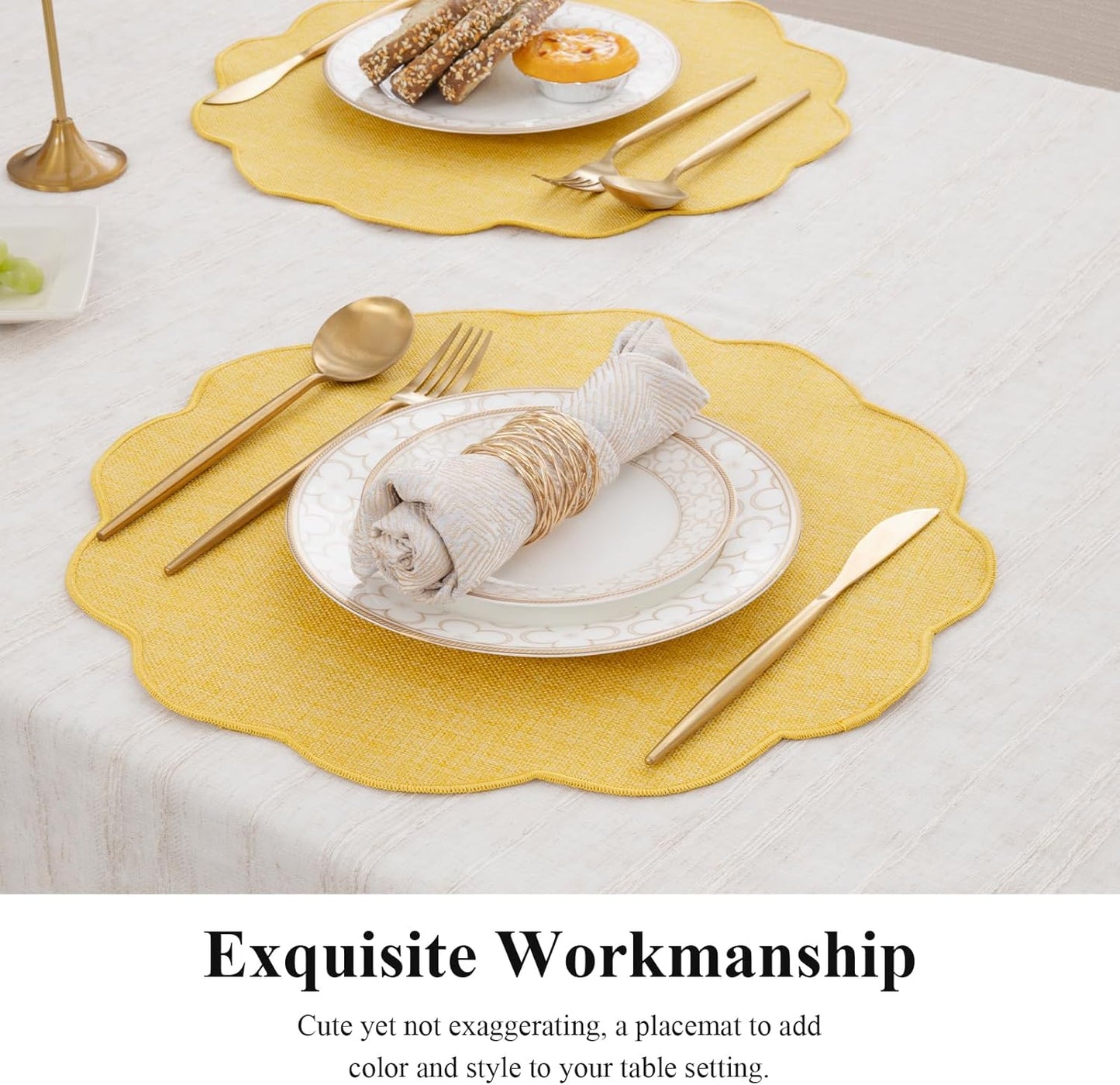 Scalloped Round Placemats Set of 6 Polyester Linen Blend 15 inch Washable Non Slip Place Mats Easy Clean Heat Resistant Table Mats for Kitchen Dining Table Decor, Yellow