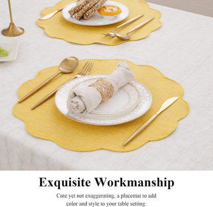 Scalloped Round Placemats Set of 6 Polyester Linen Blend 15 inch Washable Non Slip Place Mats Easy Clean Heat Resistant Table Mats for Kitchen Dining Table Decor, Yellow
