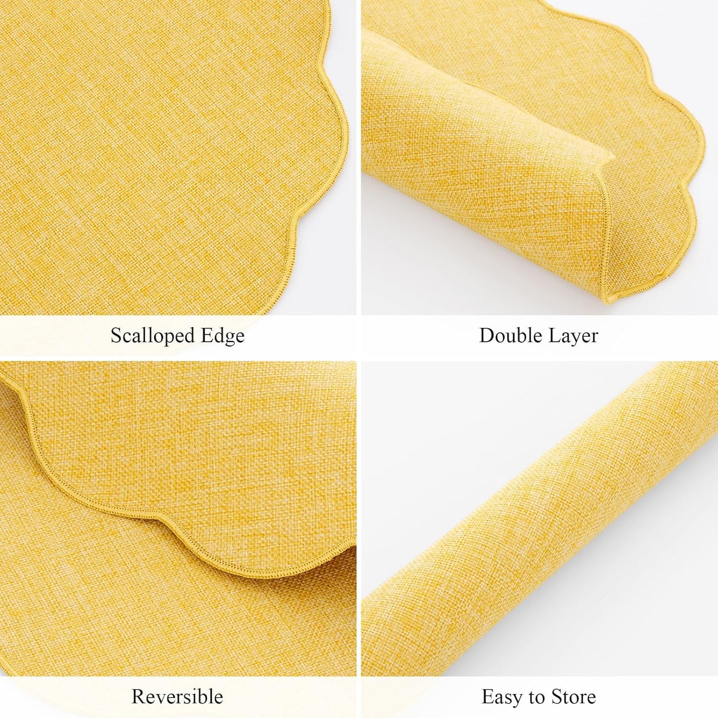Scalloped Round Placemats Set of 6 Polyester Linen Blend 15 inch Washable Non Slip Place Mats Easy Clean Heat Resistant Table Mats for Kitchen Dining Table Decor, Yellow