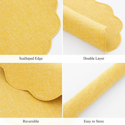 Scalloped Round Placemats Set of 6 Polyester Linen Blend 15 inch Washable Non Slip Place Mats Easy Clean Heat Resistant Table Mats for Kitchen Dining Table Decor, Yellow