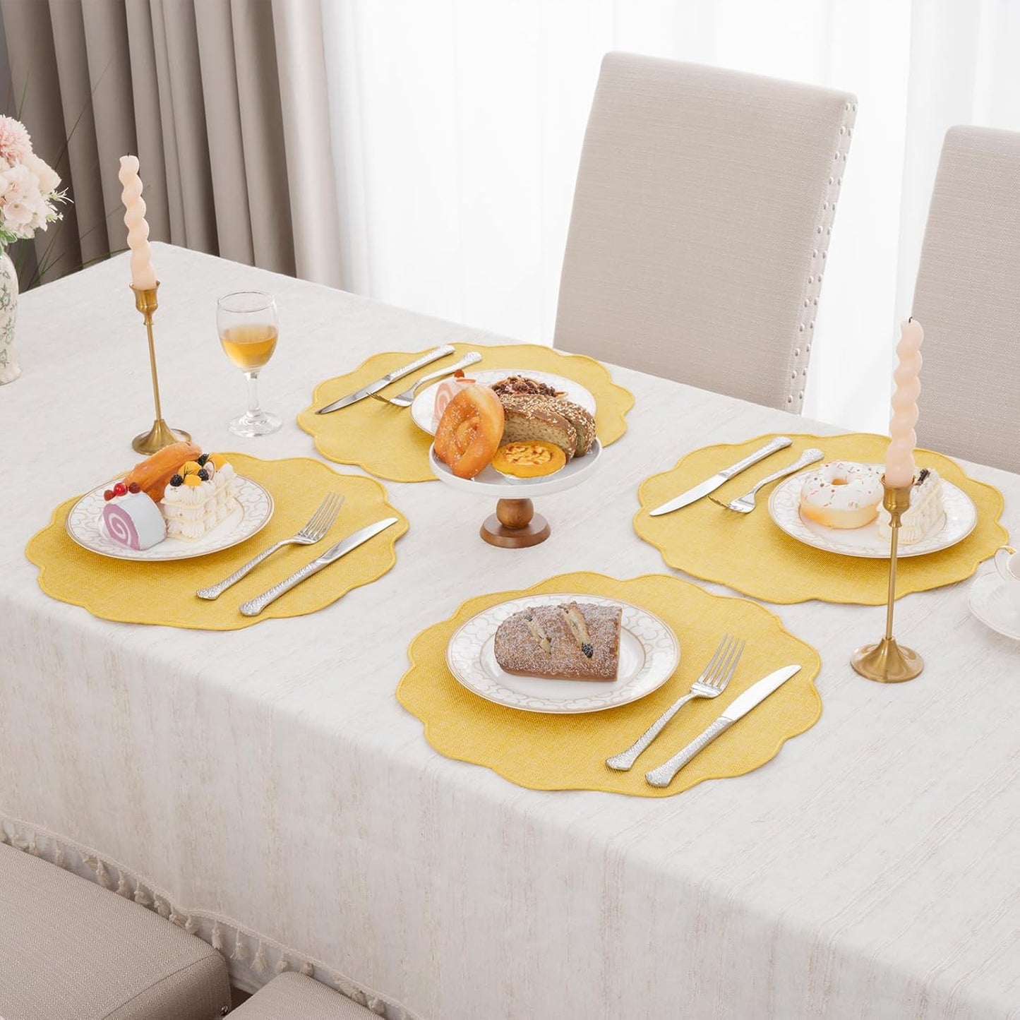 Scalloped Round Placemats Set of 6 Polyester Linen Blend 15 inch Washable Non Slip Place Mats Easy Clean Heat Resistant Table Mats for Kitchen Dining Table Decor, Yellow