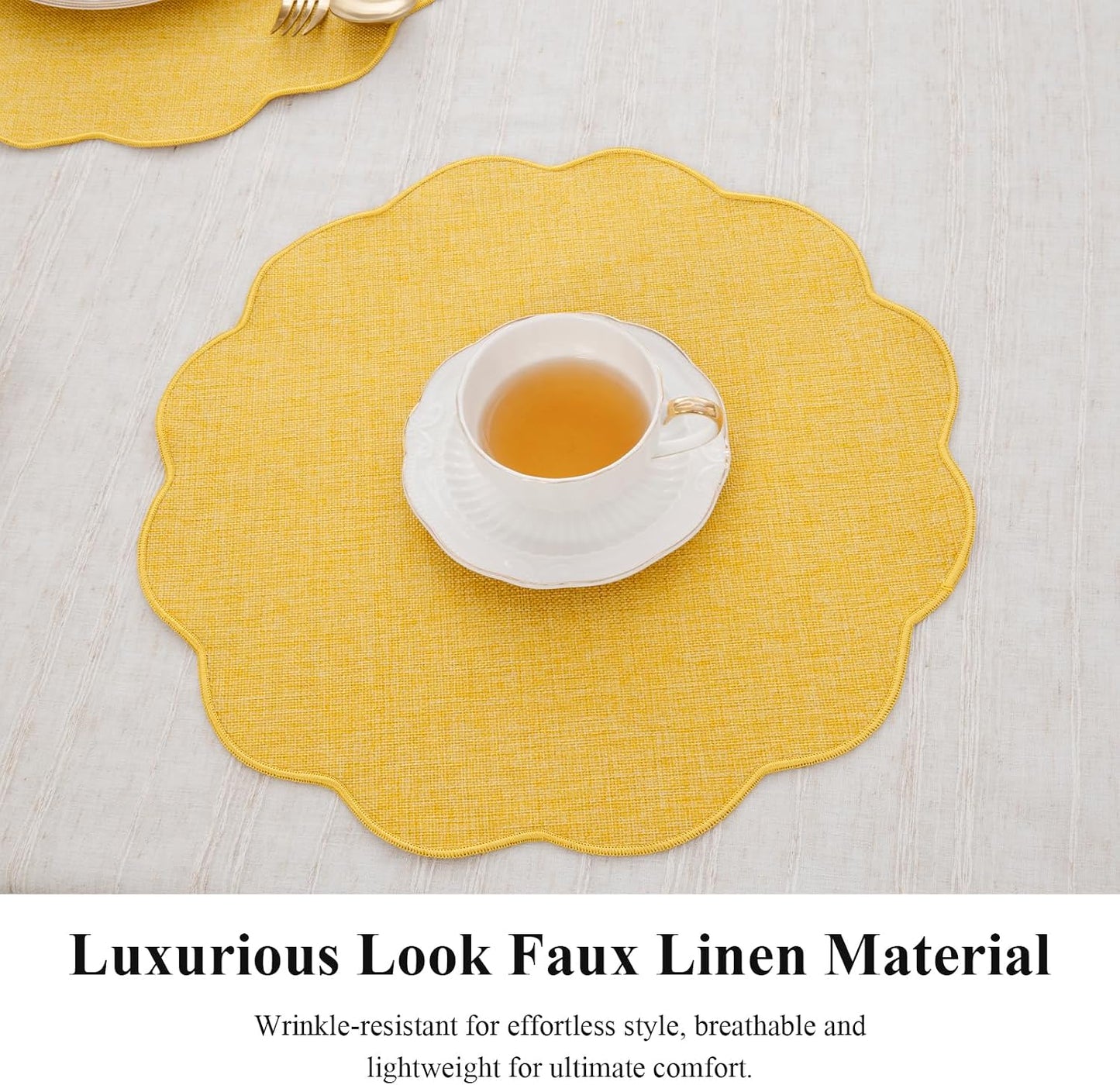 Scalloped Round Placemats Set of 6 Polyester Linen Blend 15 inch Washable Non Slip Place Mats Easy Clean Heat Resistant Table Mats for Kitchen Dining Table Decor, Yellow