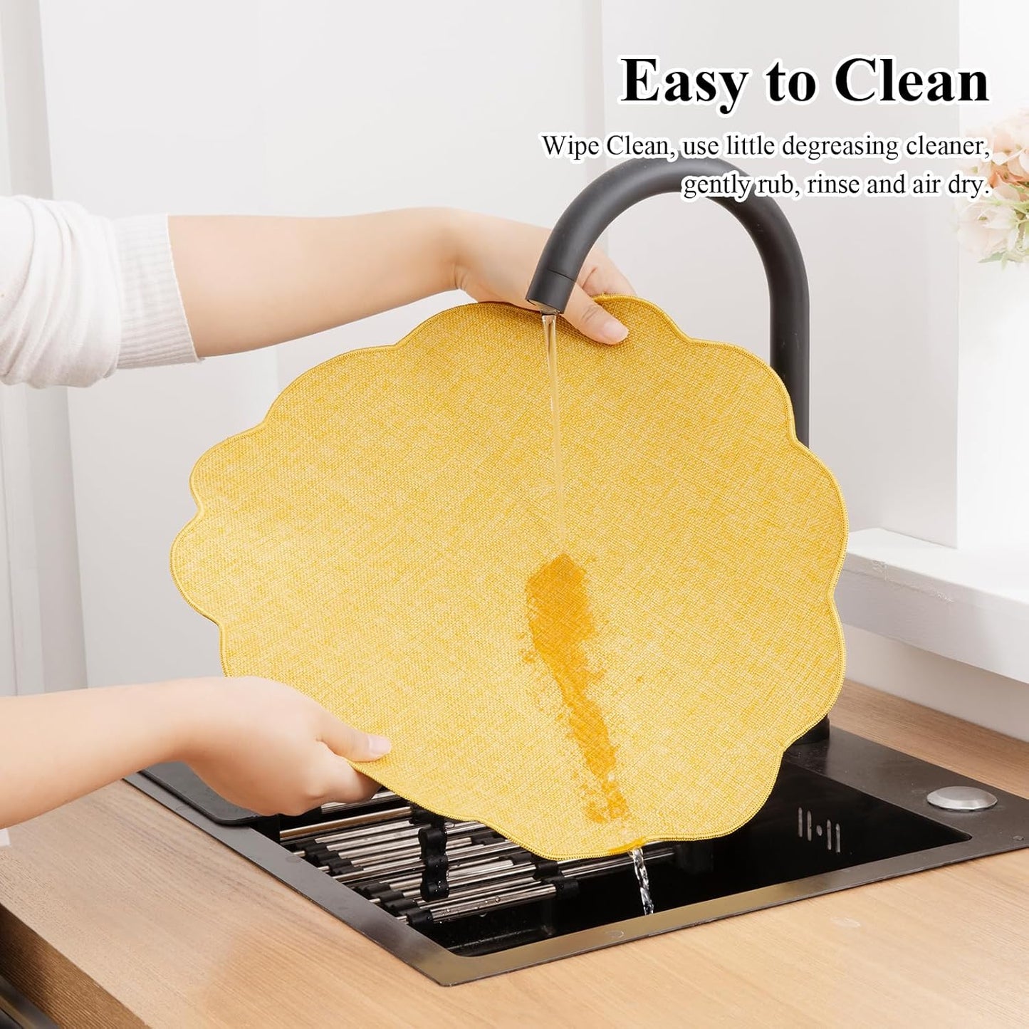 Scalloped Round Placemats Set of 6 Polyester Linen Blend 15 inch Washable Non Slip Place Mats Easy Clean Heat Resistant Table Mats for Kitchen Dining Table Decor, Yellow