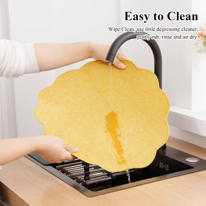 Scalloped Round Placemats Set of 6 Polyester Linen Blend 15 inch Washable Non Slip Place Mats Easy Clean Heat Resistant Table Mats for Kitchen Dining Table Decor, Yellow