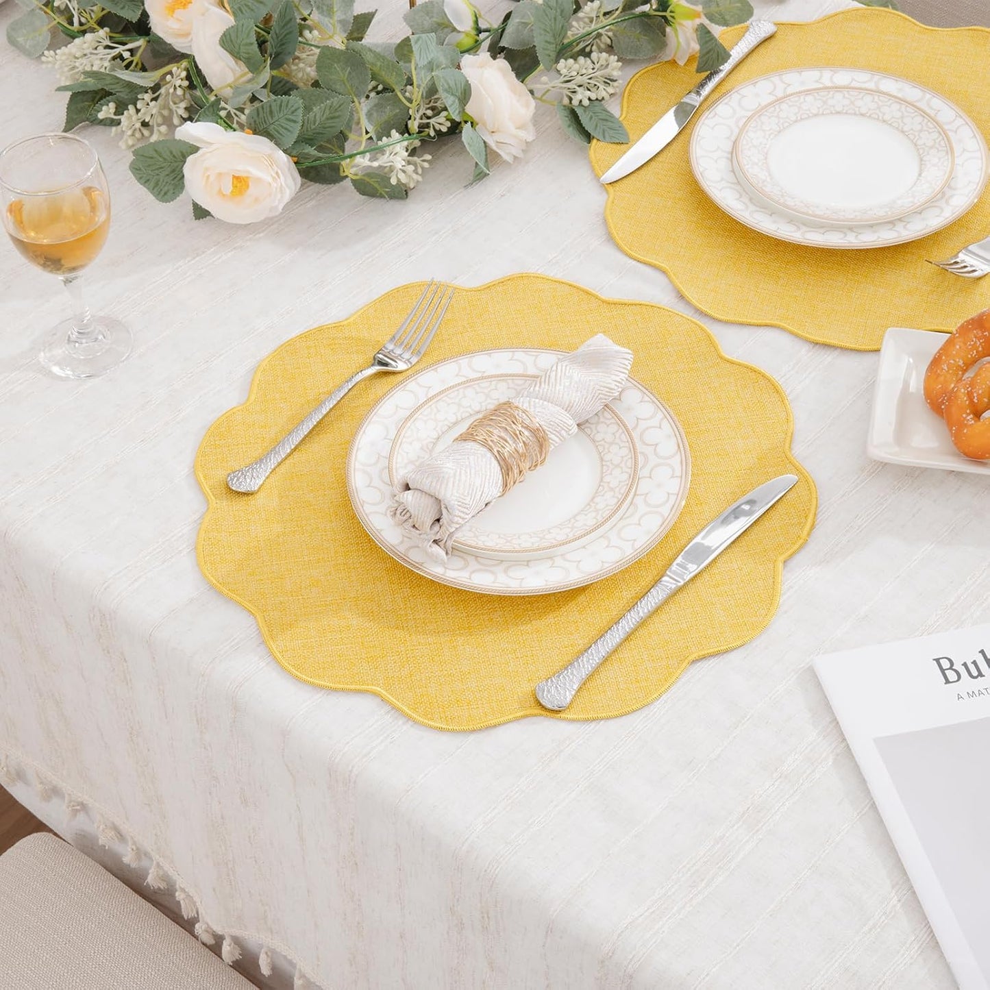 Scalloped Round Placemats Set of 6 Polyester Linen Blend 15 inch Washable Non Slip Place Mats Easy Clean Heat Resistant Table Mats for Kitchen Dining Table Decor, Yellow