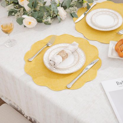 Scalloped Round Placemats Set of 6 Polyester Linen Blend 15 inch Washable Non Slip Place Mats Easy Clean Heat Resistant Table Mats for Kitchen Dining Table Decor, Yellow