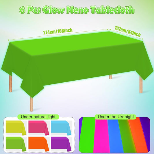 6 Pack Neon Table Cloths Party Decorations, Pink Orange Yellow Green Blue Purple Glow in The Dark Plastic Tablecloth, Disposable Rainbow Table Cover for Glow in Dark Neon Party Supplies Decorations