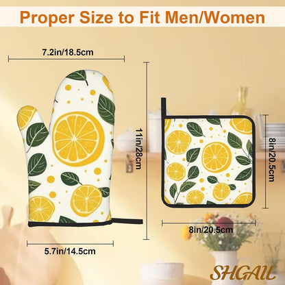 Yellow Lemon Oven Mitts and Heat Resistant Pads - Heat Resistant Gloves Potholder Set of 4 for Cooking, BBQ, Gifts for Women
