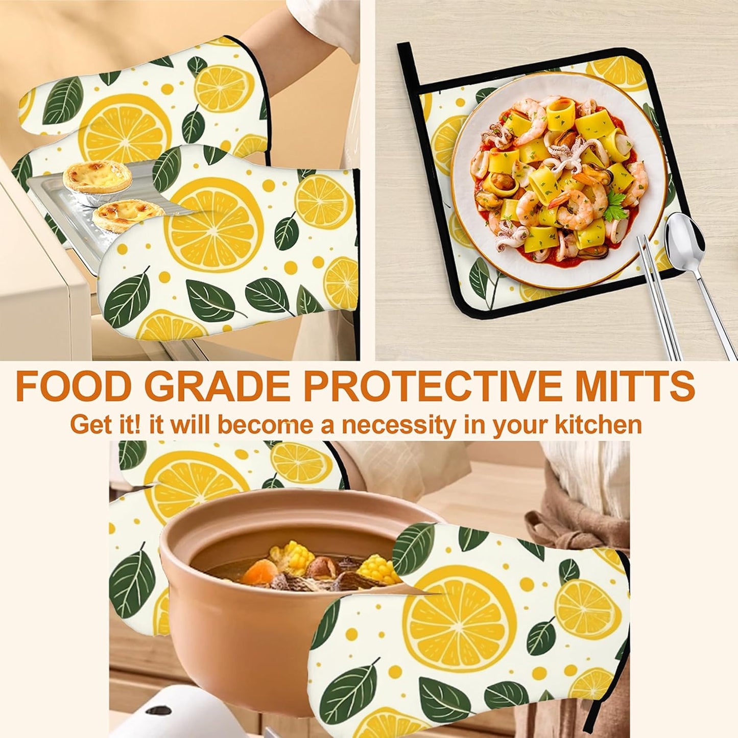 Yellow Lemon Oven Mitts and Heat Resistant Pads - Heat Resistant Gloves Potholder Set of 4 for Cooking, BBQ, Gifts for Women
