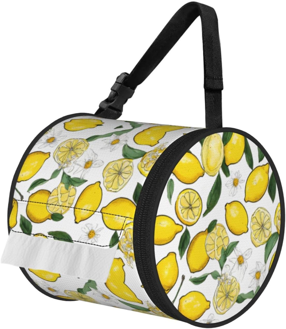 Yellow Lemons Cylinder Toilet Paper Holder Bag with Print,600d Oxford-Fabric,Wear-Resistant Portable Foldable Tissue Pouch,Adjustable Strap