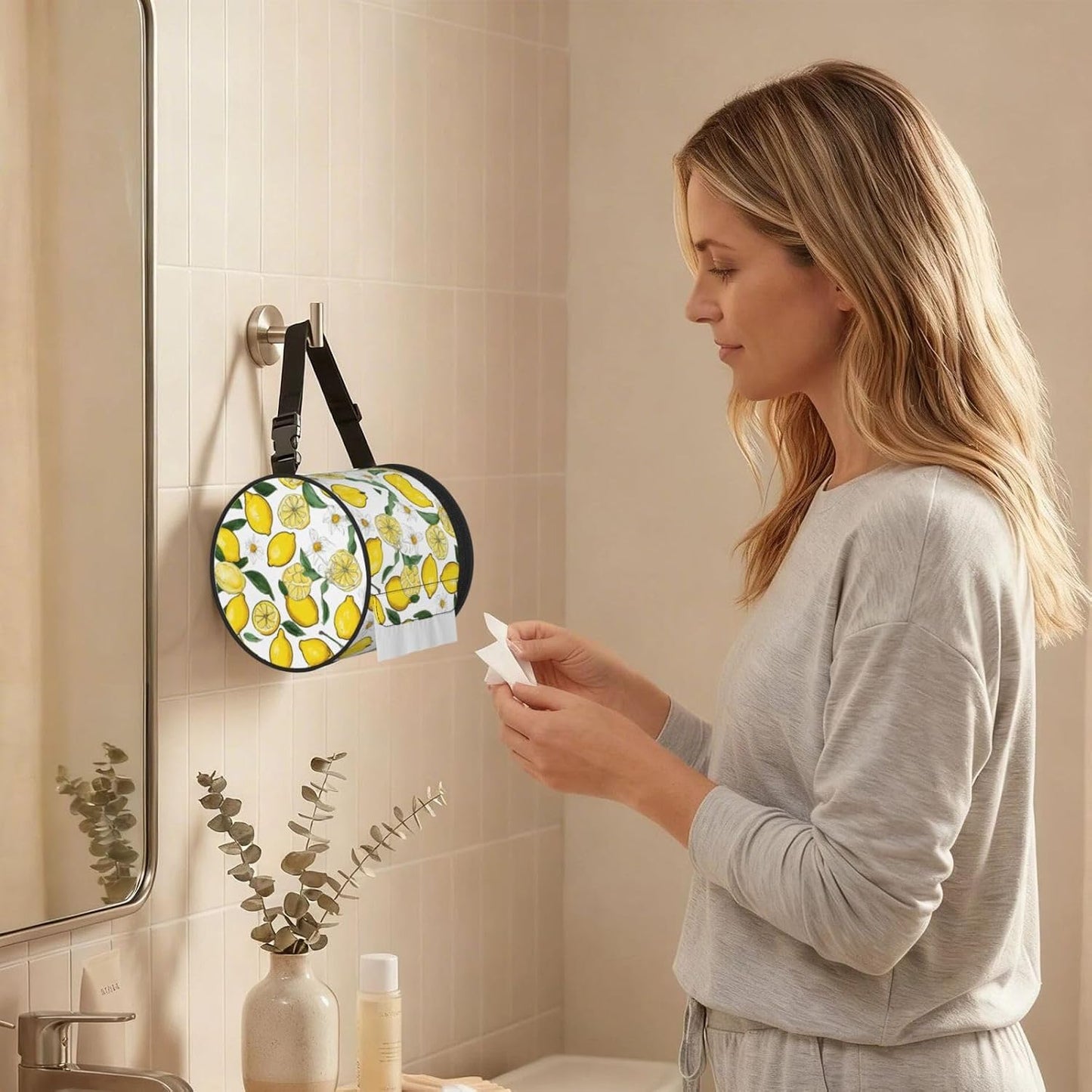 Yellow Lemons Cylinder Toilet Paper Holder Bag with Print,600d Oxford-Fabric,Wear-Resistant Portable Foldable Tissue Pouch,Adjustable Strap