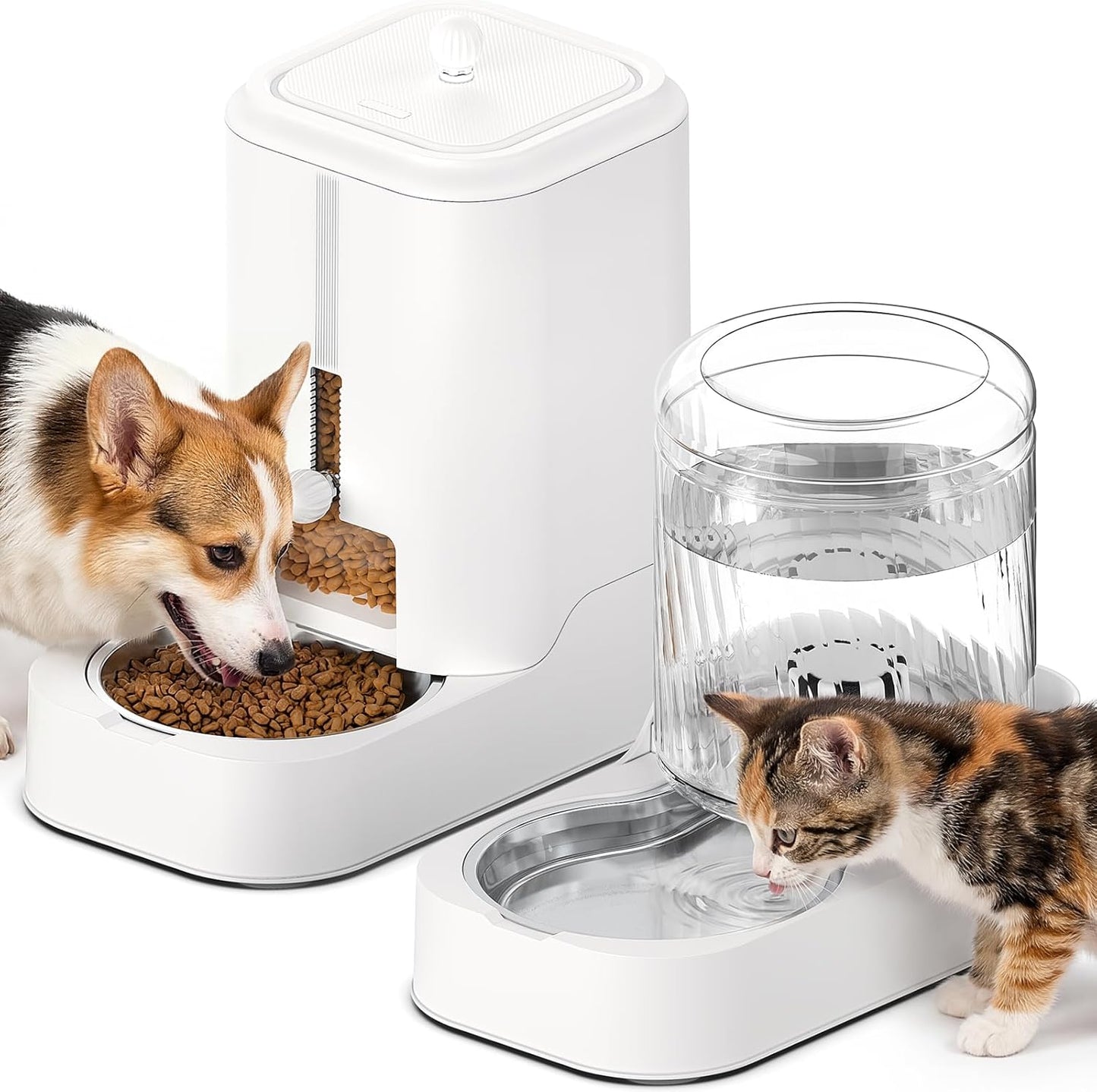 Automatic Cat Feeder Water Dispenser Set with Stainless Steel Bowls | Dog Water Bowl Dispenser Adjustable Water Dispensing, Auto Pet Waterer for Cats and Dogs