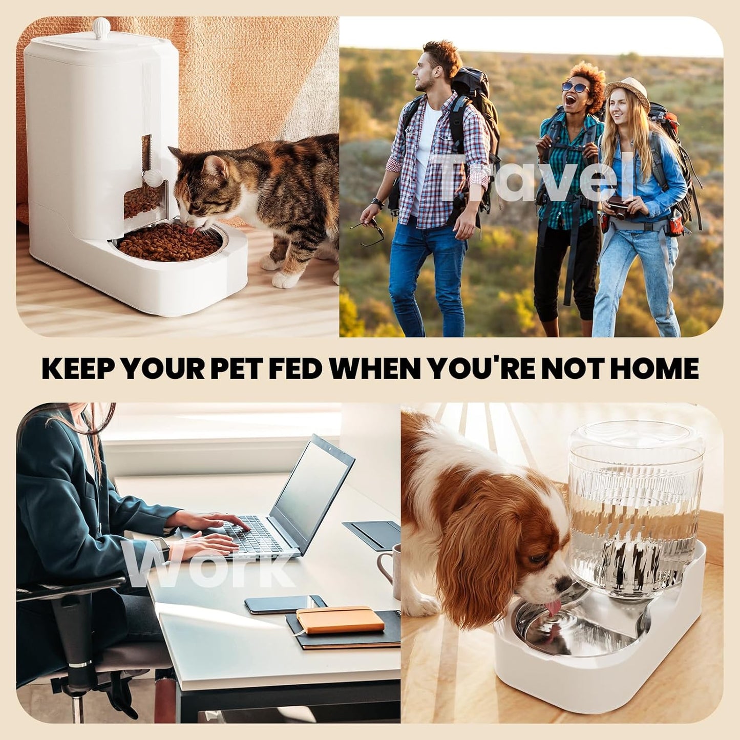 Automatic Cat Feeder Water Dispenser Set with Stainless Steel Bowls | Dog Water Bowl Dispenser Adjustable Water Dispensing, Auto Pet Waterer for Cats and Dogs