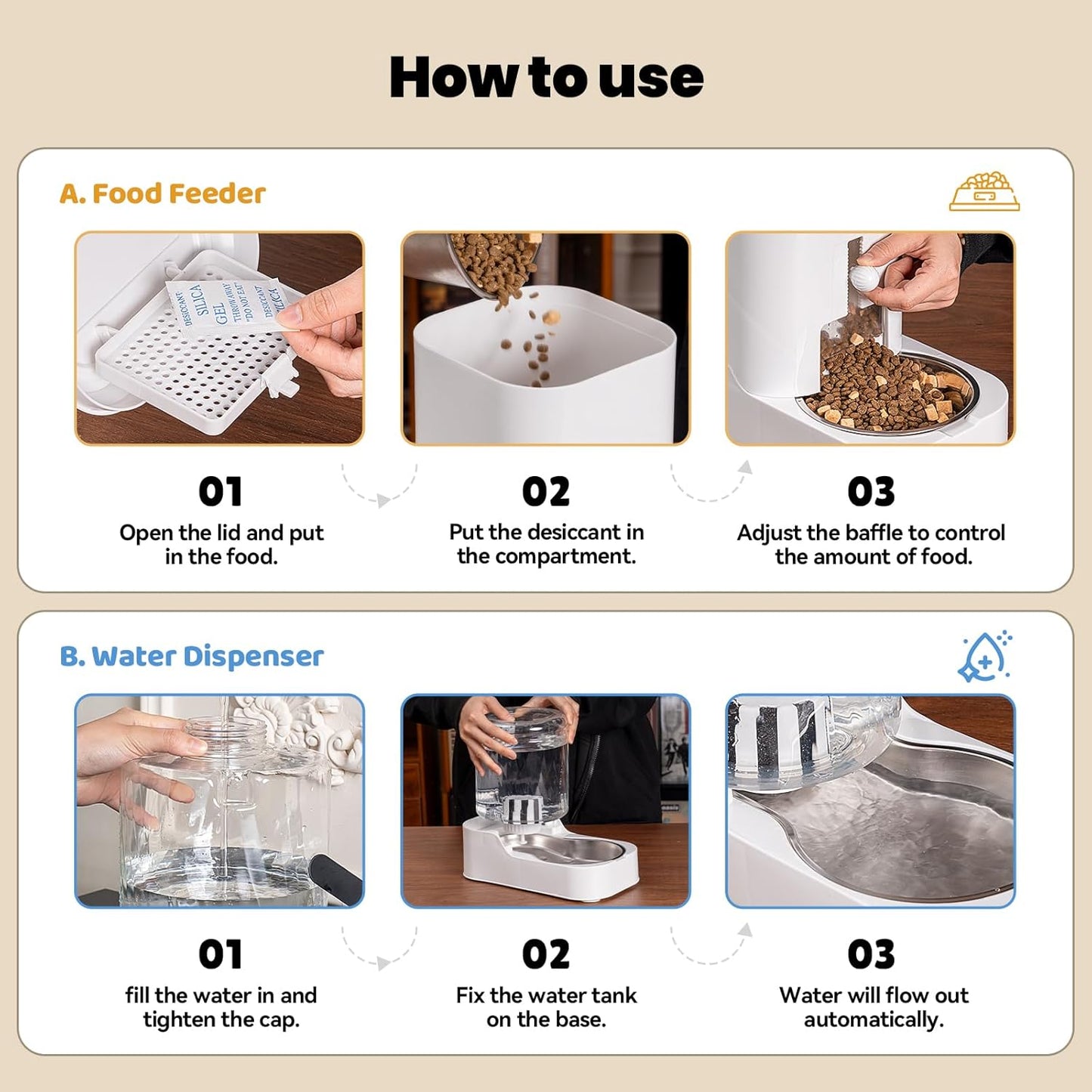Automatic Cat Feeder Water Dispenser Set with Stainless Steel Bowls | Dog Water Bowl Dispenser Adjustable Water Dispensing, Auto Pet Waterer for Cats and Dogs