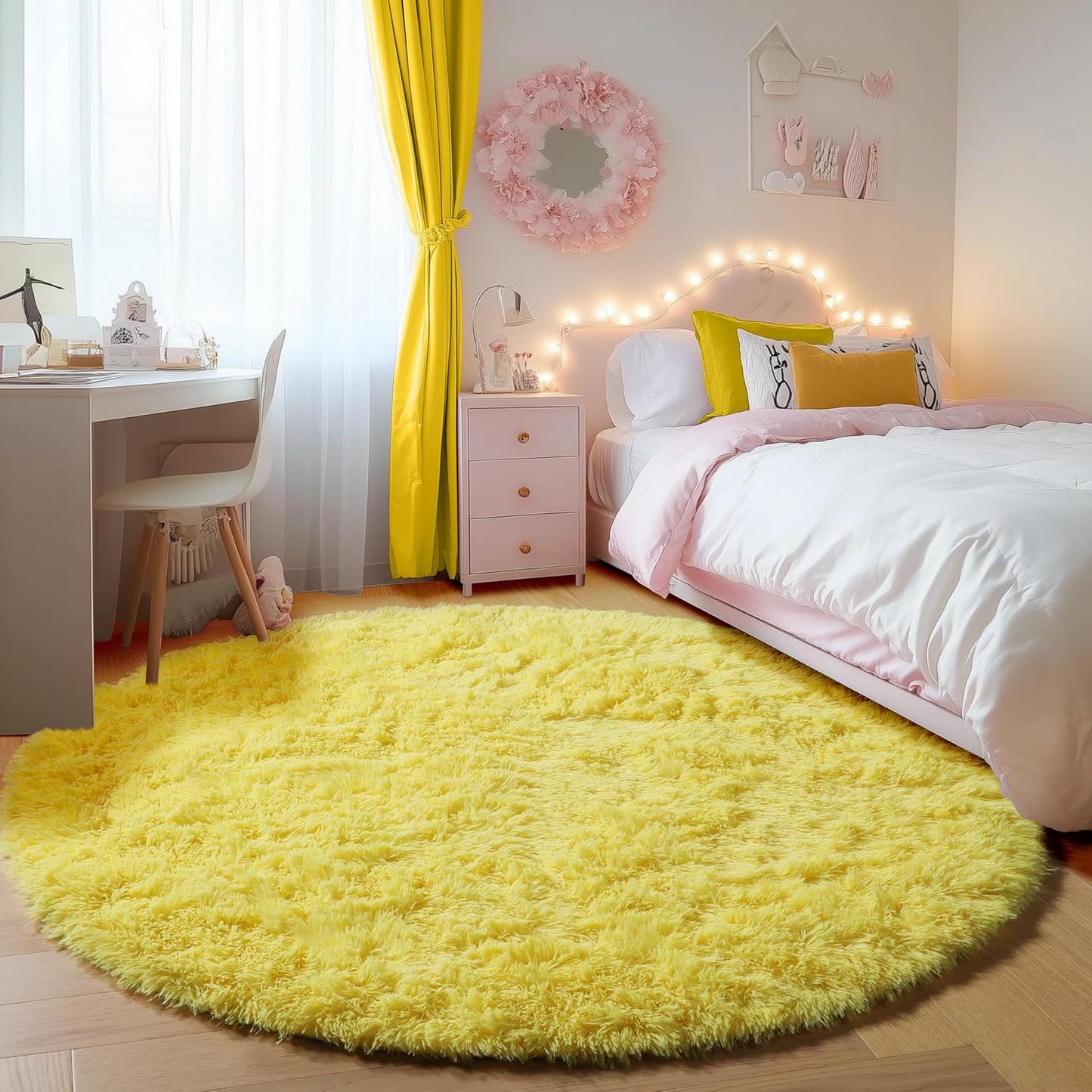 Yellow Round Rugs 5ft for Bedroom Living Room, Fluffy Circle Area Rug for Kids Girls Boys Teen, Soft Plush Shaggy Carpet for Nursery Dorm Classroom Playroom Home Decor Aesthetic
