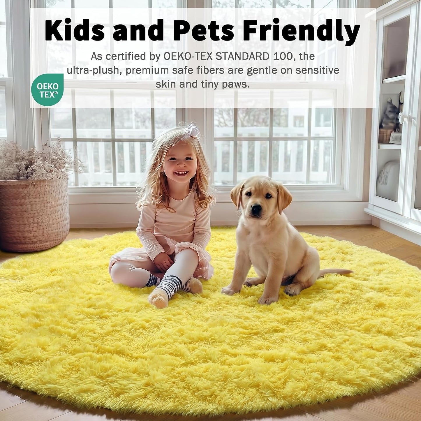 Yellow Round Rugs 5ft for Bedroom Living Room, Fluffy Circle Area Rug for Kids Girls Boys Teen, Soft Plush Shaggy Carpet for Nursery Dorm Classroom Playroom Home Decor Aesthetic