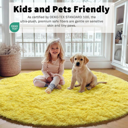 Yellow Round Rugs 5ft for Bedroom Living Room, Fluffy Circle Area Rug for Kids Girls Boys Teen, Soft Plush Shaggy Carpet for Nursery Dorm Classroom Playroom Home Decor Aesthetic