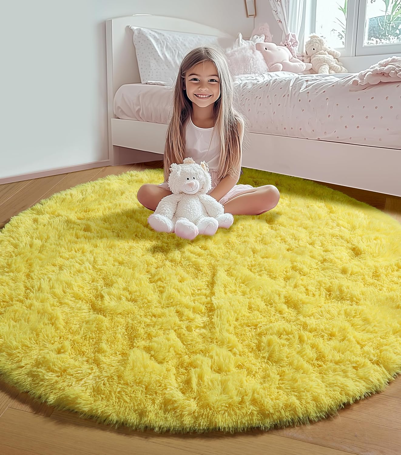 Yellow Round Rugs 5ft for Bedroom Living Room, Fluffy Circle Area Rug for Kids Girls Boys Teen, Soft Plush Shaggy Carpet for Nursery Dorm Classroom Playroom Home Decor Aesthetic