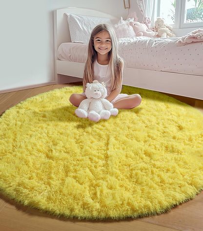 Yellow Round Rugs 5ft for Bedroom Living Room, Fluffy Circle Area Rug for Kids Girls Boys Teen, Soft Plush Shaggy Carpet for Nursery Dorm Classroom Playroom Home Decor Aesthetic