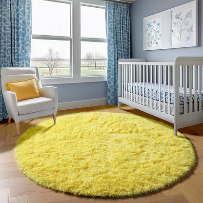 Yellow Round Rugs 5ft for Bedroom Living Room, Fluffy Circle Area Rug for Kids Girls Boys Teen, Soft Plush Shaggy Carpet for Nursery Dorm Classroom Playroom Home Decor Aesthetic