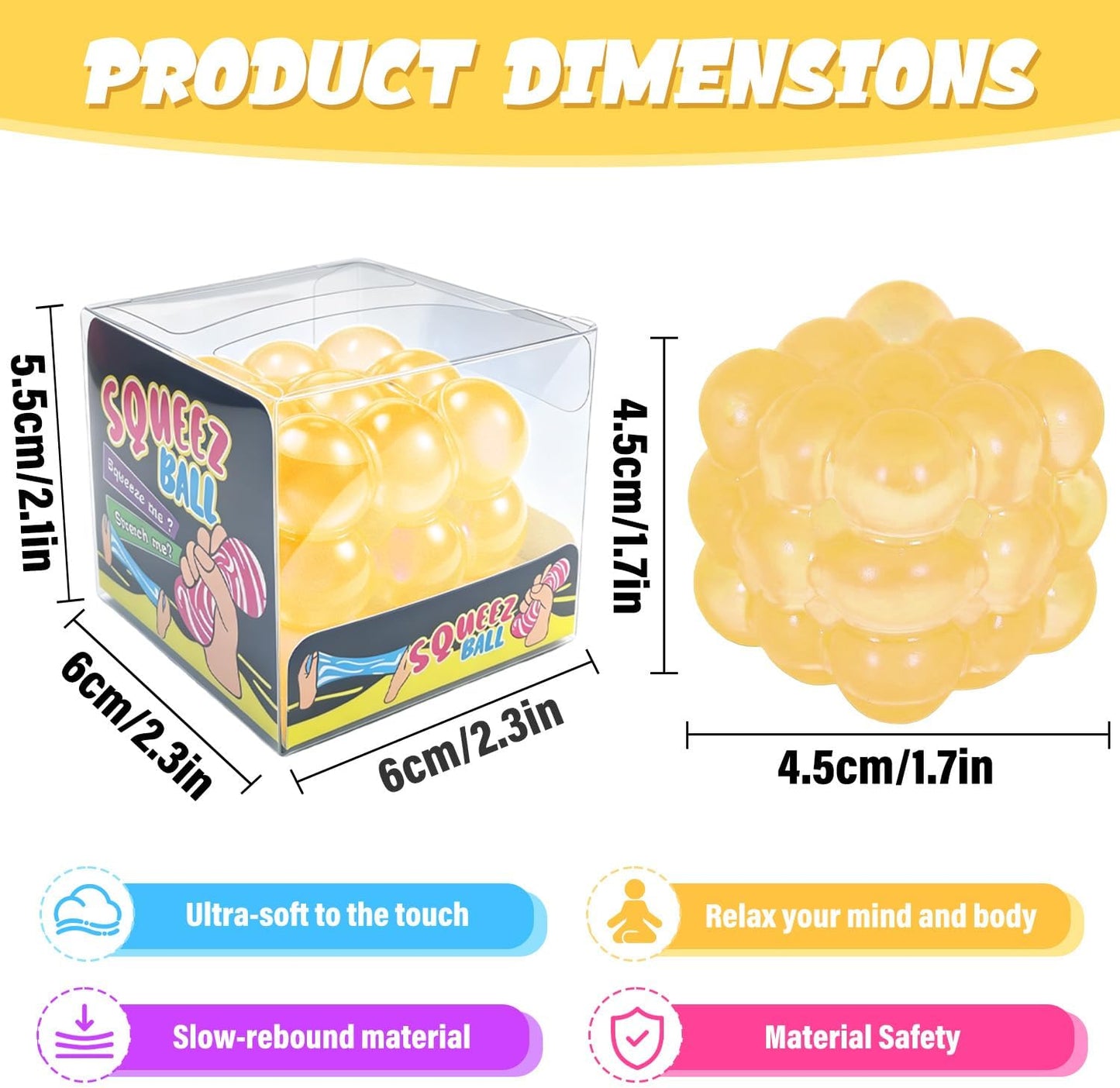 Squishy Stress Cube, High Density Stress Cube Fidget Toys, Slow Rising Sensory Stress Balls for Autism, Kids and Adults, Sugar Squishy Toys for Classroom Prizes, Cube Squishy for Party Favors (yellow)