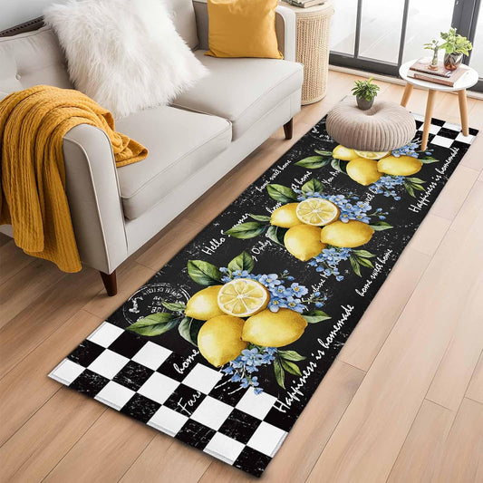 Summer Lemon Flower Leaves Floor Carpet Living Room Rug, Black White Buffalo Plaid Non-Slip Welcome Mat Indoor Rugs for Bedroom Dining Room