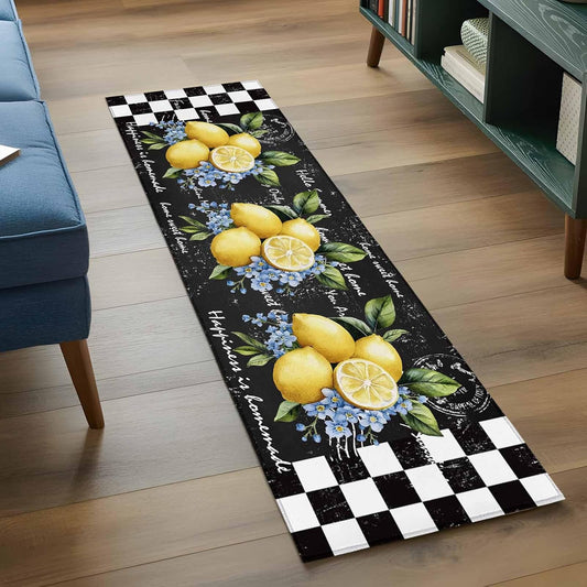 Summer Lemon Flower Leaves Floor Carpet Living Room Rug, Black White Buffalo Plaid Non-Slip Welcome Mat Indoor Rugs for Bedroom Dining Room