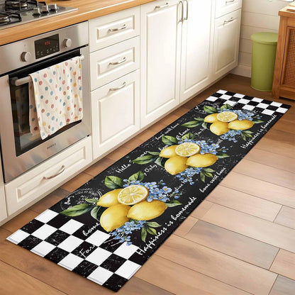 Summer Lemon Flower Leaves Floor Carpet Living Room Rug, Black White Buffalo Plaid Non-Slip Welcome Mat Indoor Rugs for Bedroom Dining Room