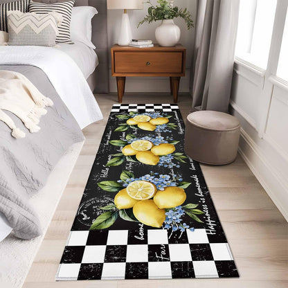 Summer Lemon Flower Leaves Floor Carpet Living Room Rug, Black White Buffalo Plaid Non-Slip Welcome Mat Indoor Rugs for Bedroom Dining Room