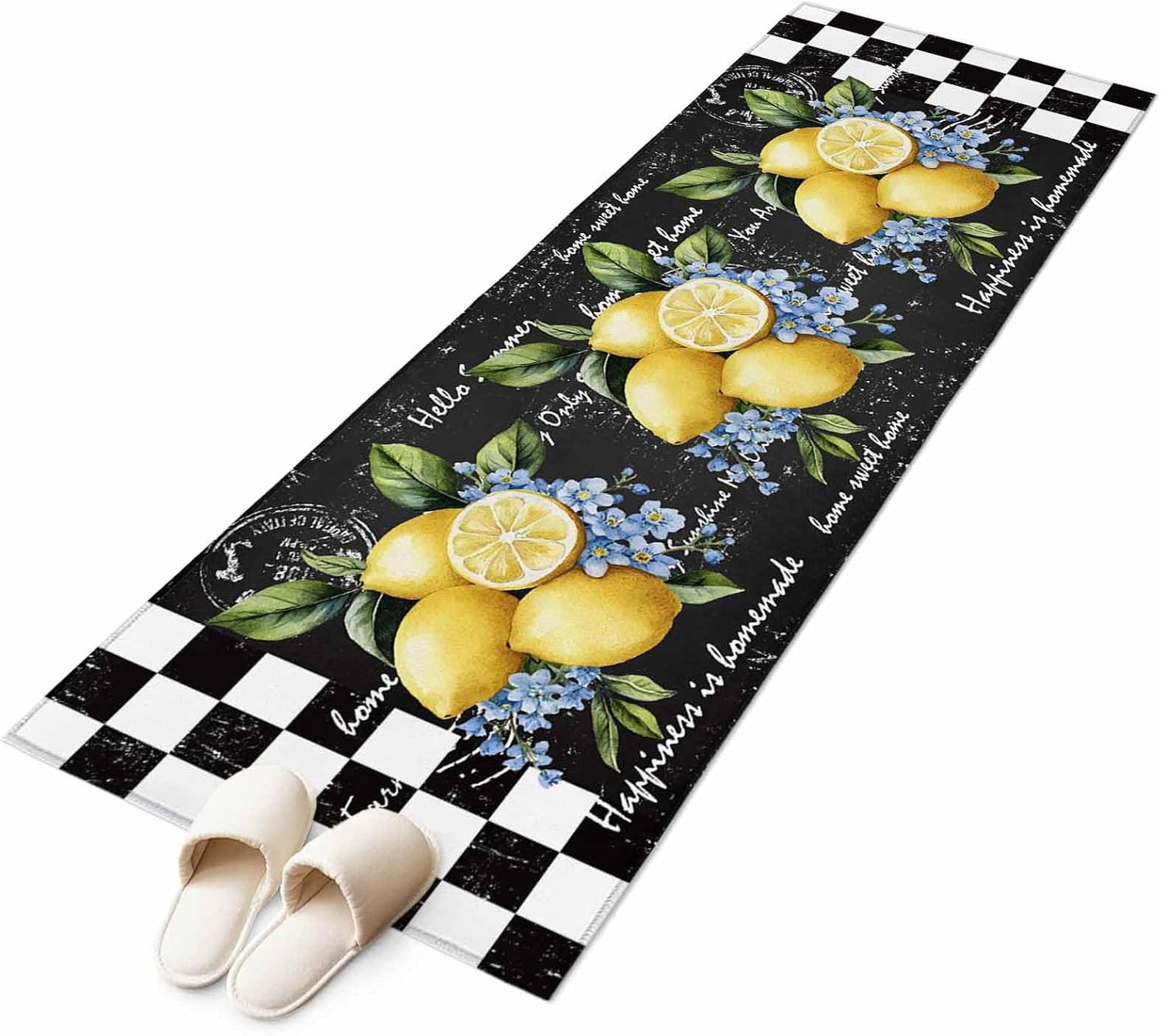Summer Lemon Flower Leaves Floor Carpet Living Room Rug, Black White Buffalo Plaid Non-Slip Welcome Mat Indoor Rugs for Bedroom Dining Room
