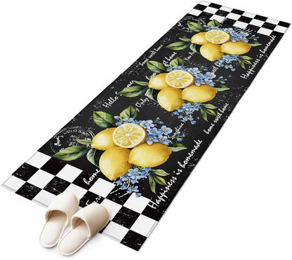 Summer Lemon Flower Leaves Floor Carpet Living Room Rug, Black White Buffalo Plaid Non-Slip Welcome Mat Indoor Rugs for Bedroom Dining Room